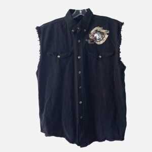 Biker Design Denim Shirt Mens L Black Sleeveless Fringe Myrtle Beach Rally